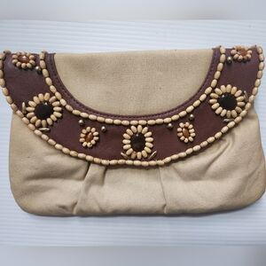 NY&C Beaded Clutch Purse Boho Tan Brown Canvas Floral Wood Beads Snap Closure